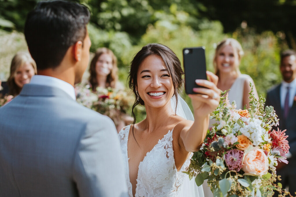  Bride and groom in an outdoor wedding ceremony. The bride is taking a selfie.
